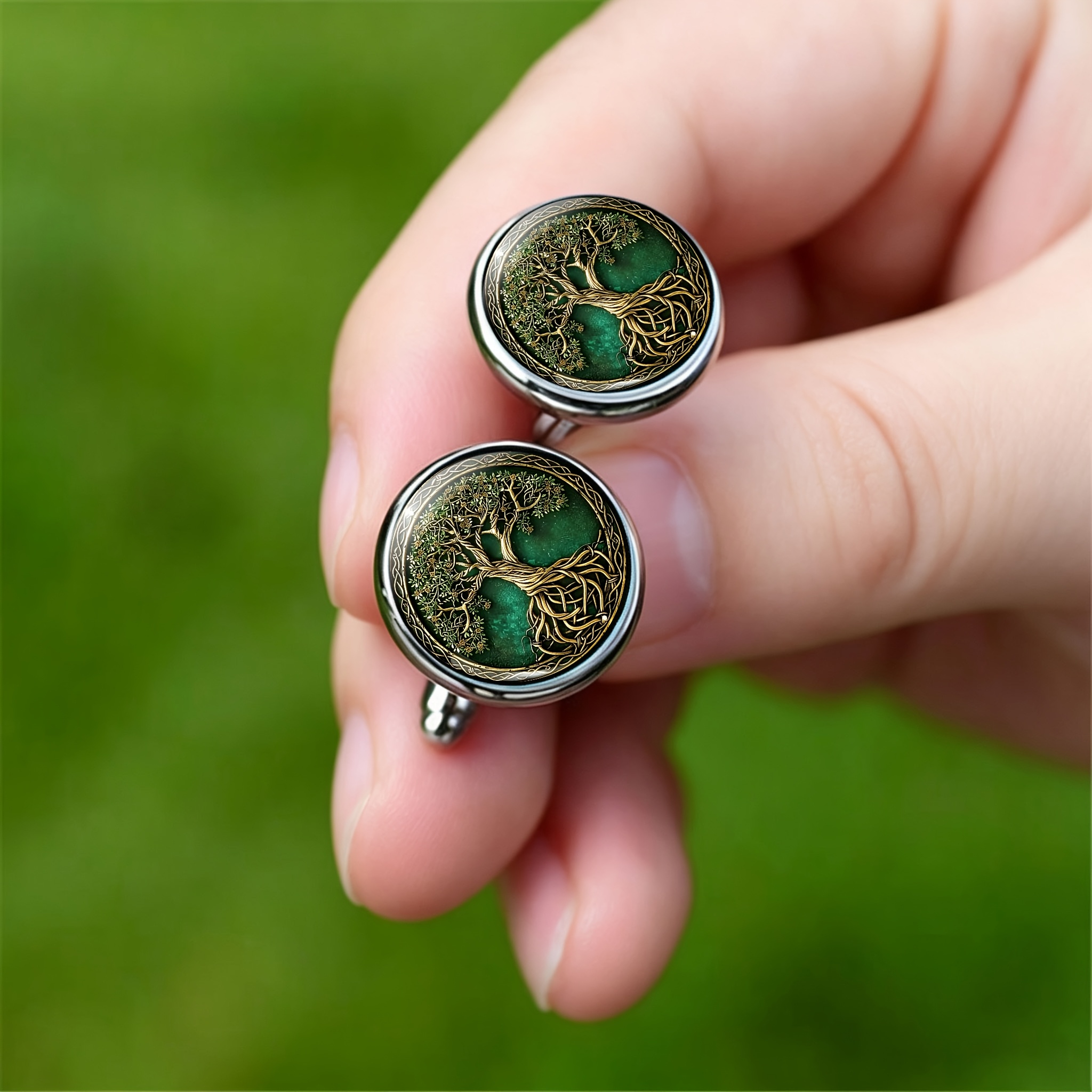 TEMU 2d Men's Tree Of Life Cufflink, Retro Celtic Knot Green Golden Round Glass Dome Silvery- Cufflink, Formal Business Wedding Shirt Accessory,