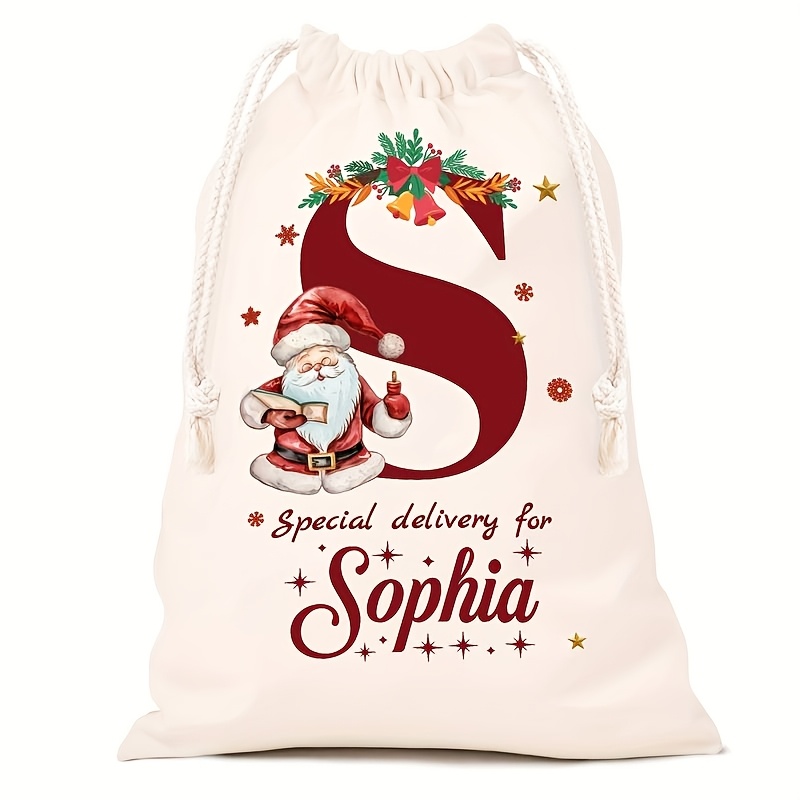 Personalized Name Christmas Gift Bags, Extra Large Drawstring Santa Bags