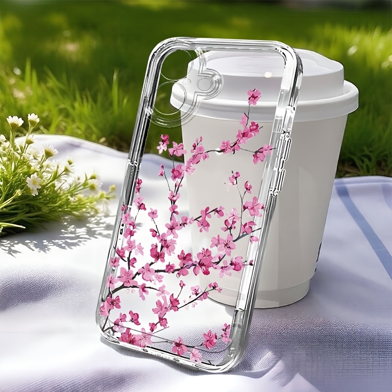 TEMU Phone Case: Pink Cherry Branch Pattern Phone Case, Suitable For Iphone X/11/12/13/14/15/16/17/air/pro/pro Max/plus, Featuring Drop-proof,