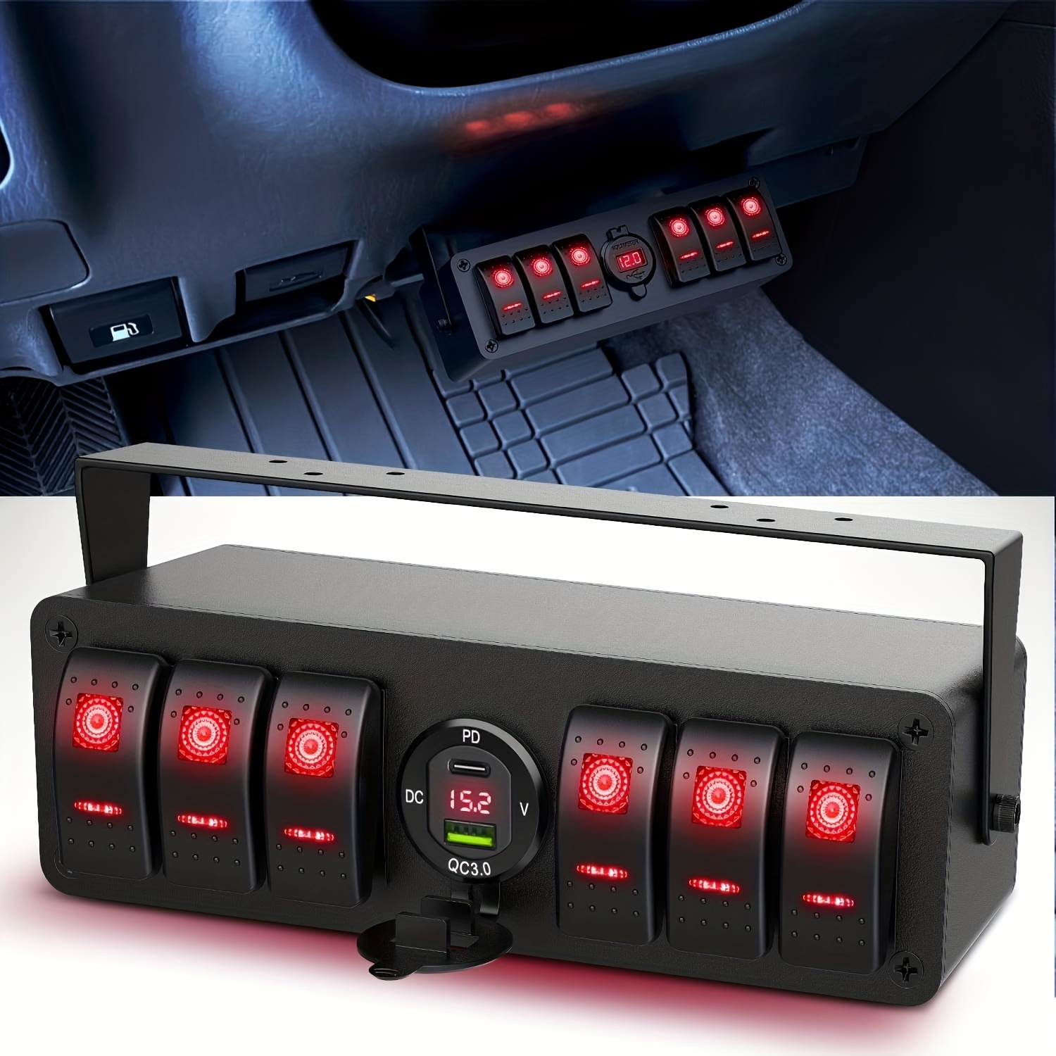 6 Gang Rocker Switch Box 12v On Off Toggle Switch Pd Type C And Qc 3.0 Usb Charger Voltmeter Led Light Aluminum Mount Bracket Switch Panel Diy Stickers For Boat Car Rv Truck