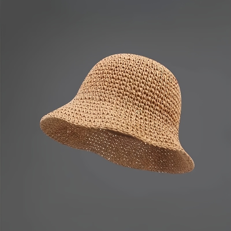 Image of 1pc Breathable Crochet Straw Bucket Hat For Women - Vintage Style, Wide Brim, Foldable Fisherman Cap, Very Suitable For Summer And Beach