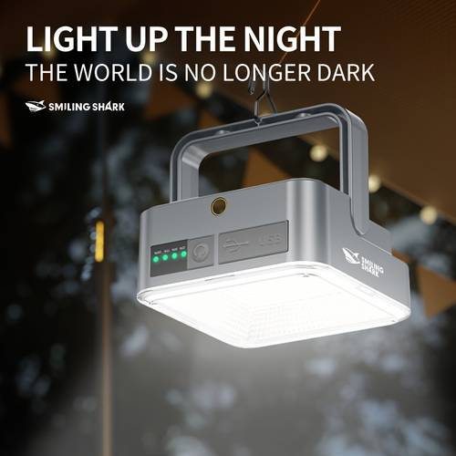 1개 스마일 상어 휴대용 led 야외 걸이형 캠핑 라이트, 태양광 캠핑 랜턴 충전식, 배터리 작동 텐트 라이트 (보조 배터리 포함), 비상용 led 작업등 (후크 포함), 하이킹, 캠핑 필수품