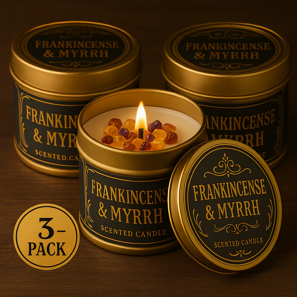 Image of 1/3pcs Frankincense And Scented Candles · Single 20h. Soy Wax Tin Candle · Warm Resin Fragrance, A · Suitable For Bedrooms, Living Rooms And · Decorative Metal Tin Packaging