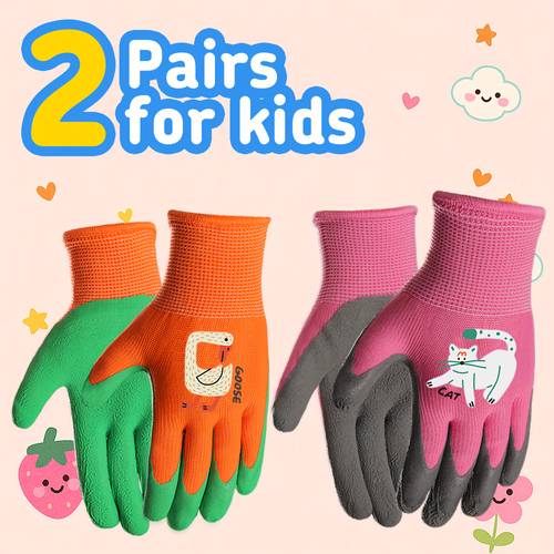 kids garden gloves cute animal flower patterns non slip breathable lightweight soft for outdoor play gardening camping and beach multiple colors yellow pink