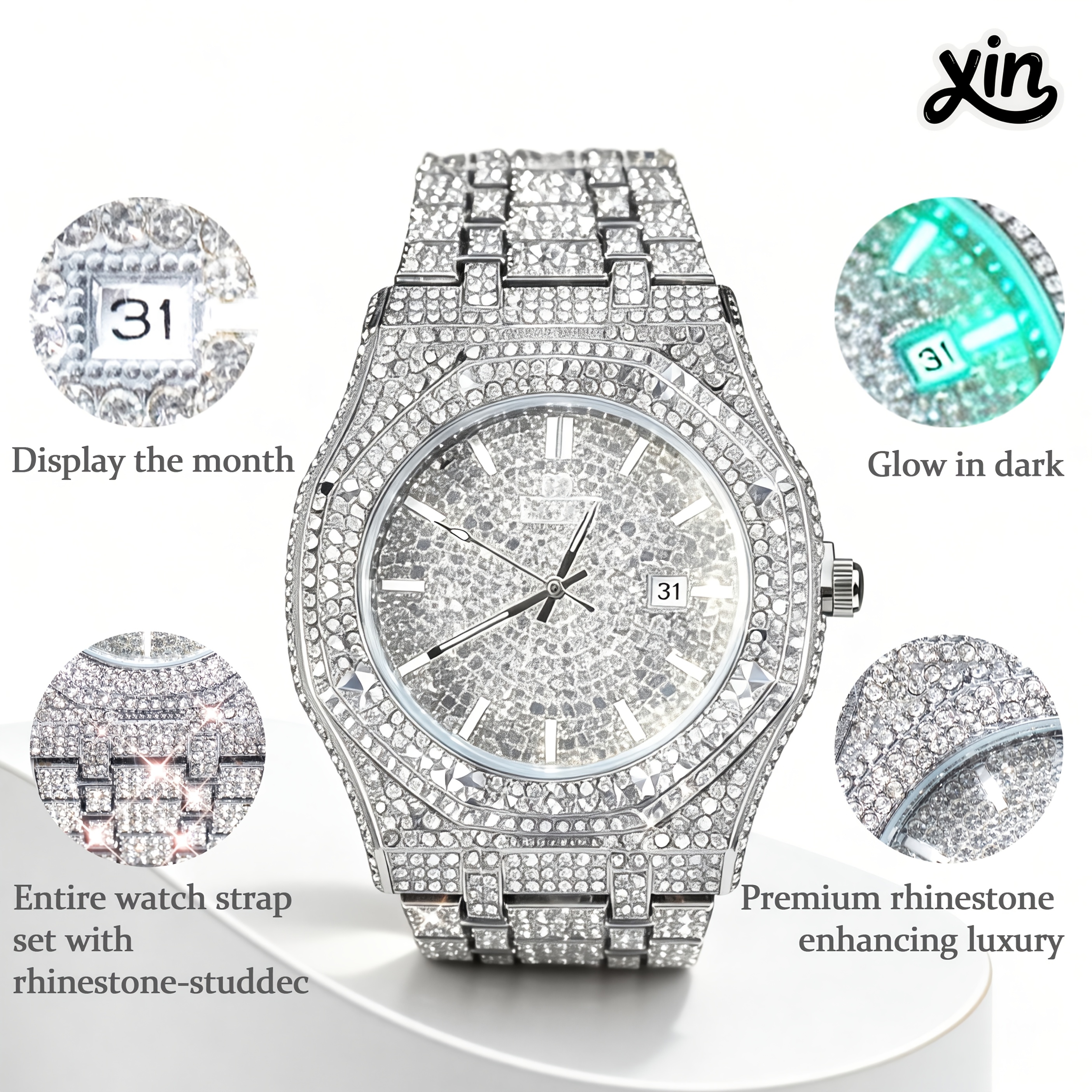 TEMU Hip-hop Luxury Watch With -like Rhinestones - Dual Holiday Gift For Christmas, Valentine's - Stainless & Band - Mechanical Movement - Elegant