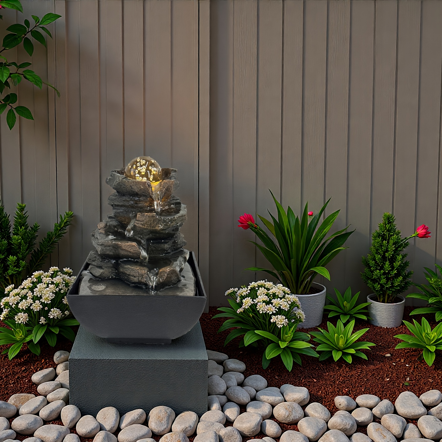   1pc stacked stone outdoor   rustic rock cascading water feature outdoor   illuminated   accent outdoor     balcony exterior outdoor  