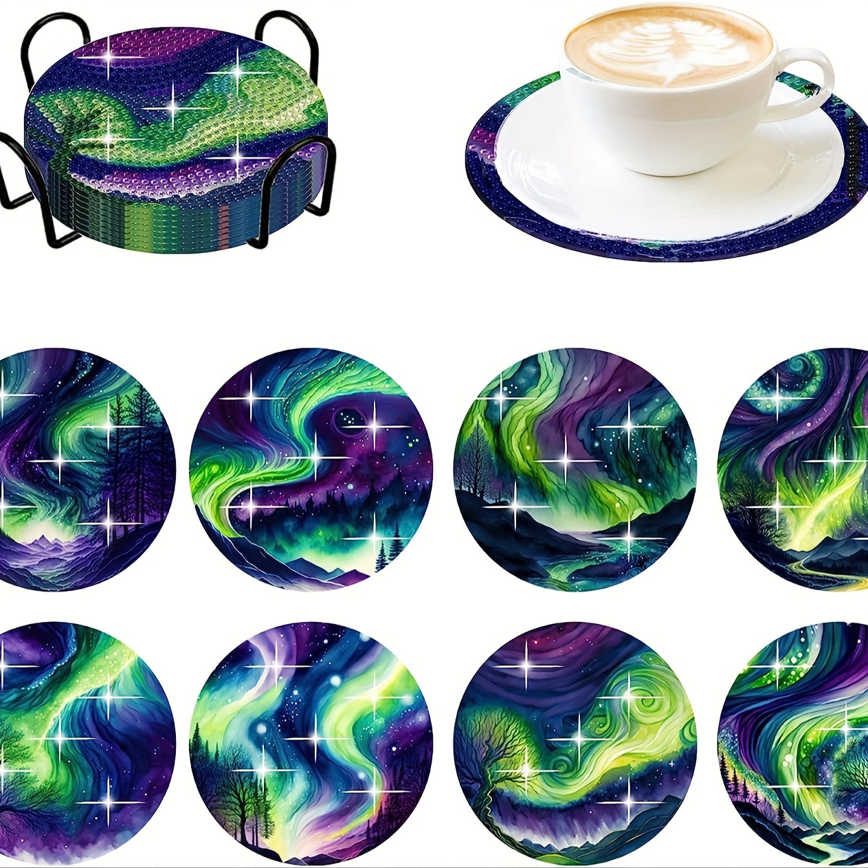 

8-piece Aurora Diamond Painting Coasters Kit With Holder - Round Diamond Weather Theme Diy Art For Beverages, Diamond Dotz Craft Set For Beginners