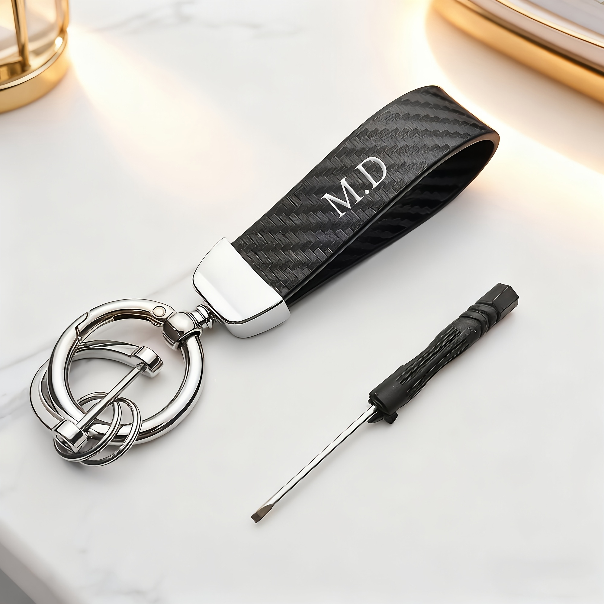 TEMU Personalized Custom High-end Carbon Fiber Pu Leather Keychain, Diy Letter Name Stamping, Silvery Universal Black Creative Mesh Car Keychain,