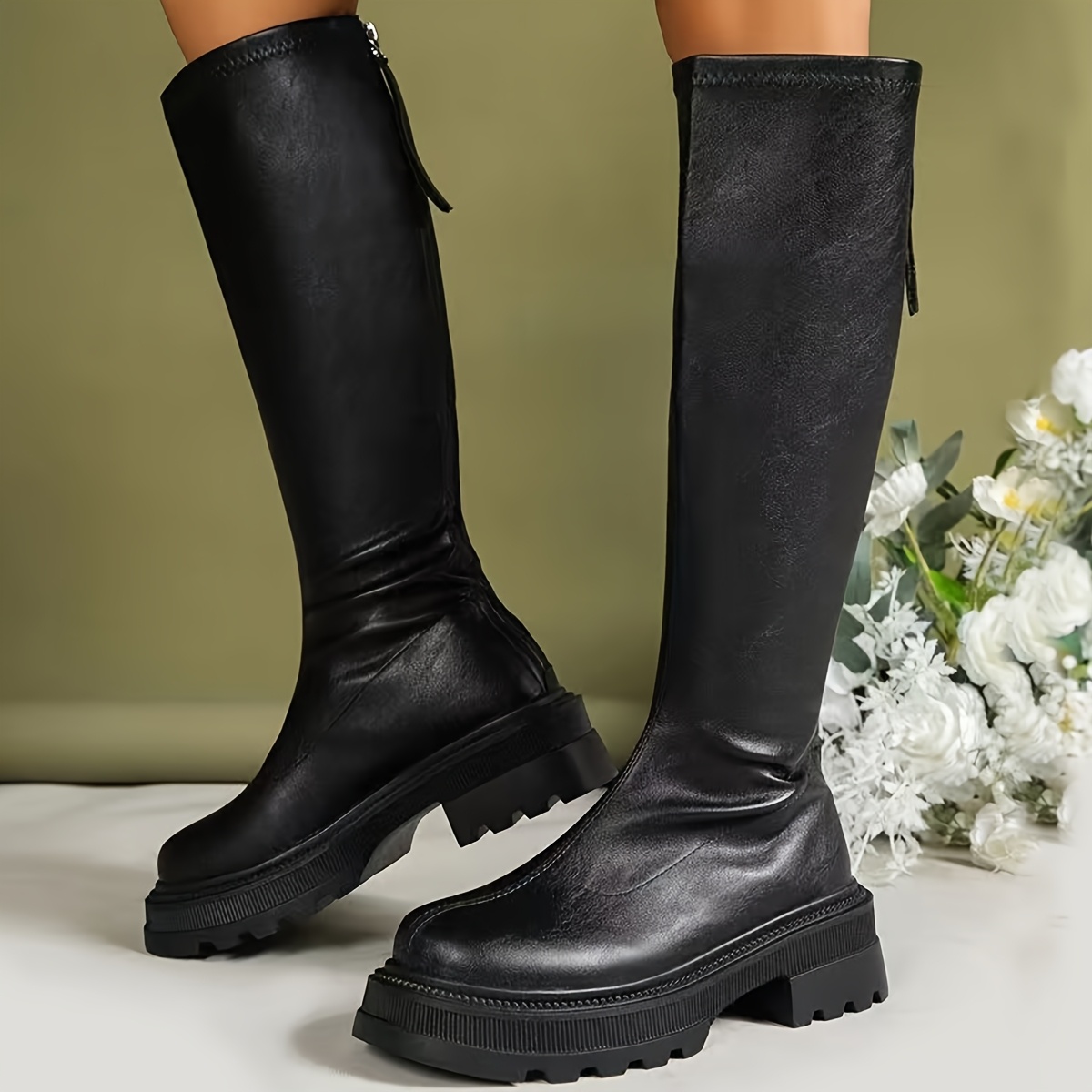 

Women' Black Synthetic Leather Knee-high Boots With Side Zipper, Chunky Heel & - Comfortable Long Boots For Casual Attire