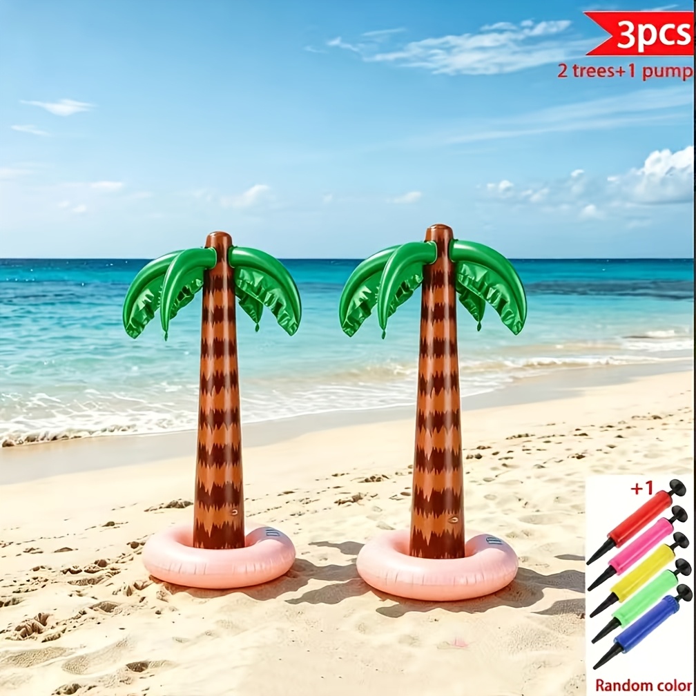 Image of 3pcs Inflatable Palm Tree Set (2 Trees And Random Color Air Pump) - Enormous Coconut Tree Decor For Beach, Hawaiian Birthday And Pool Parties