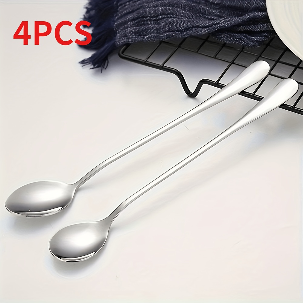 TEMU 4pcs Stainless Steel Long Handle Spoon Set - Iced Tea, Coffee & Ice Cream - Dishwasher Safe Kitchen Flatware