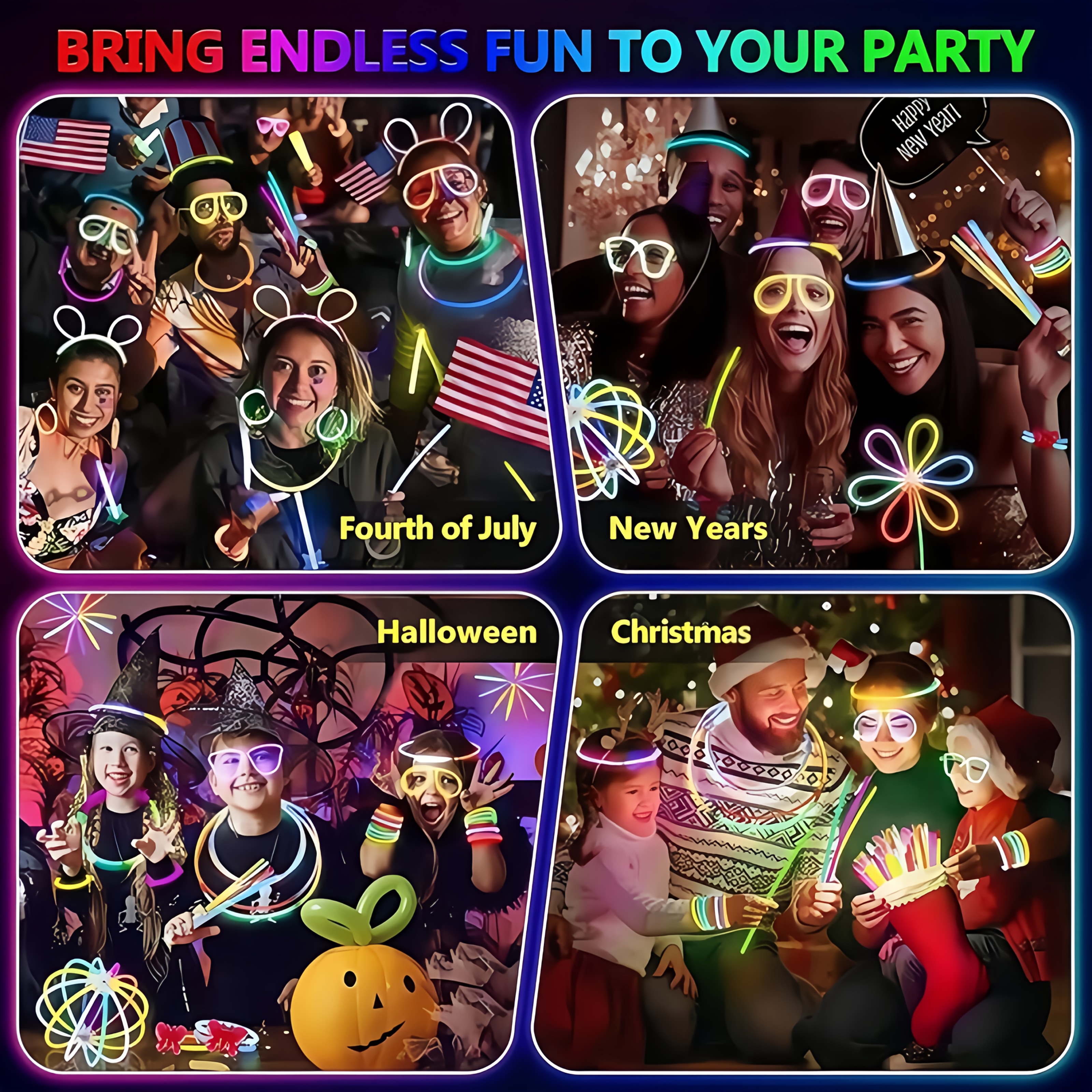 115 stick party supplies kit with neon glow in the dark glasses necklaces bracelets hour 8 vibrant colors purple red yellow white plastic polyethylene for halloween birthdays concerts no batteries electricity required Product details 7