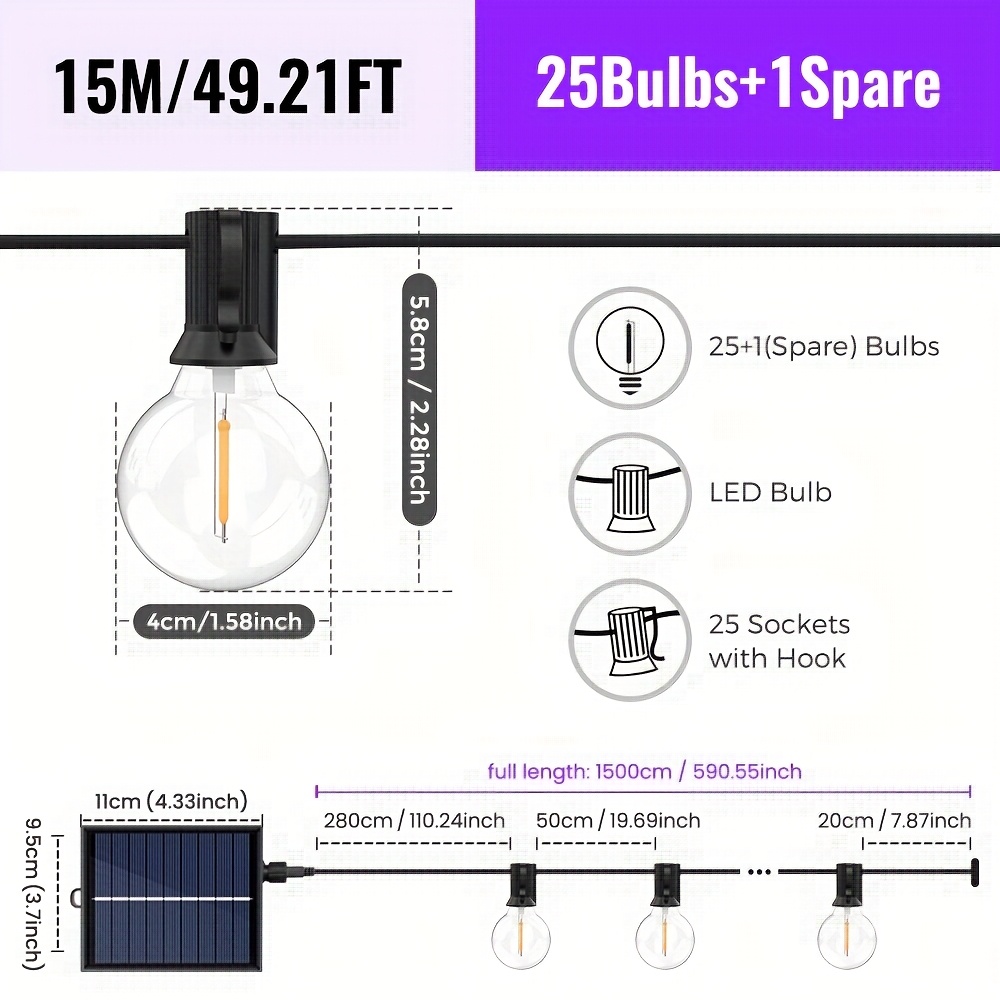 Image of Solar String Lights Outdoor G40 Patio Lights With Remote Control, 8 Lighting , Shatterproof Bulbs, Hanging Light For Garden Outdoor Decoration
