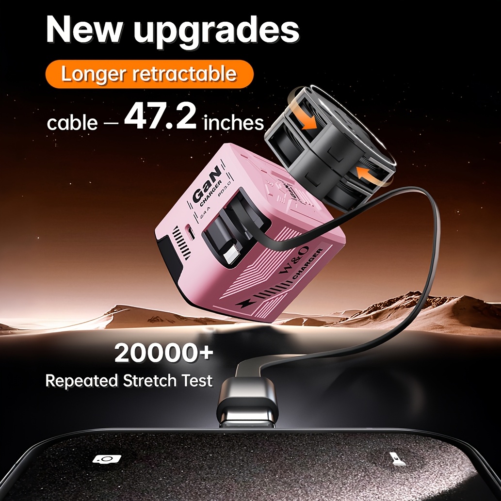 TEMU Chargeur Rapide W&O 120W GaN, Double Câble Rétractable Lightning+Type C de 1,2 mètre/47,2 pouces, Ports de Sortie Type C Testés à Plus de 20000