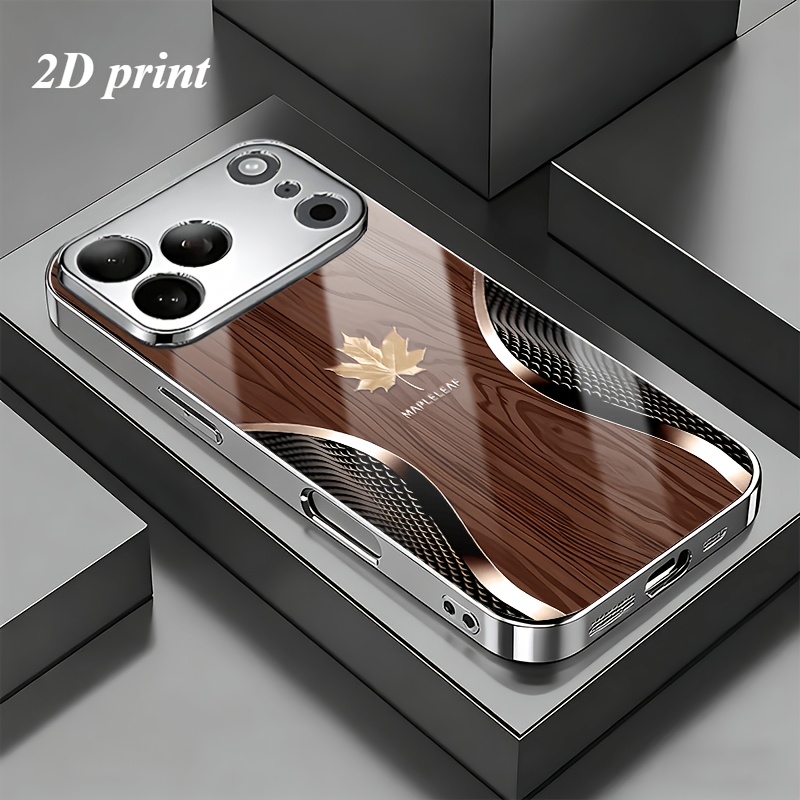 TEMU Étui de Téléphone : Étui de Téléphone - Étui Courbé Haut de Gamme en Bois d'Érable Doré et Verre Trempé, Compatible avec iPhone 17, 16, 15, 14,