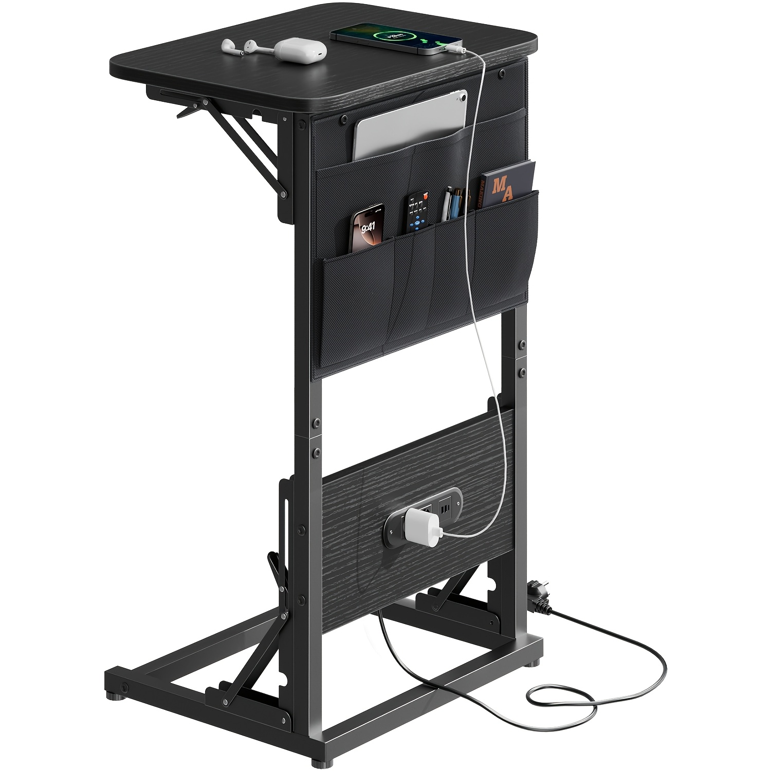 TEMU Table d'appoint de C avec station de charge - Table d'appoint compacte pour canapé, table d'extrémité pliante avec poches de rangement pour ,