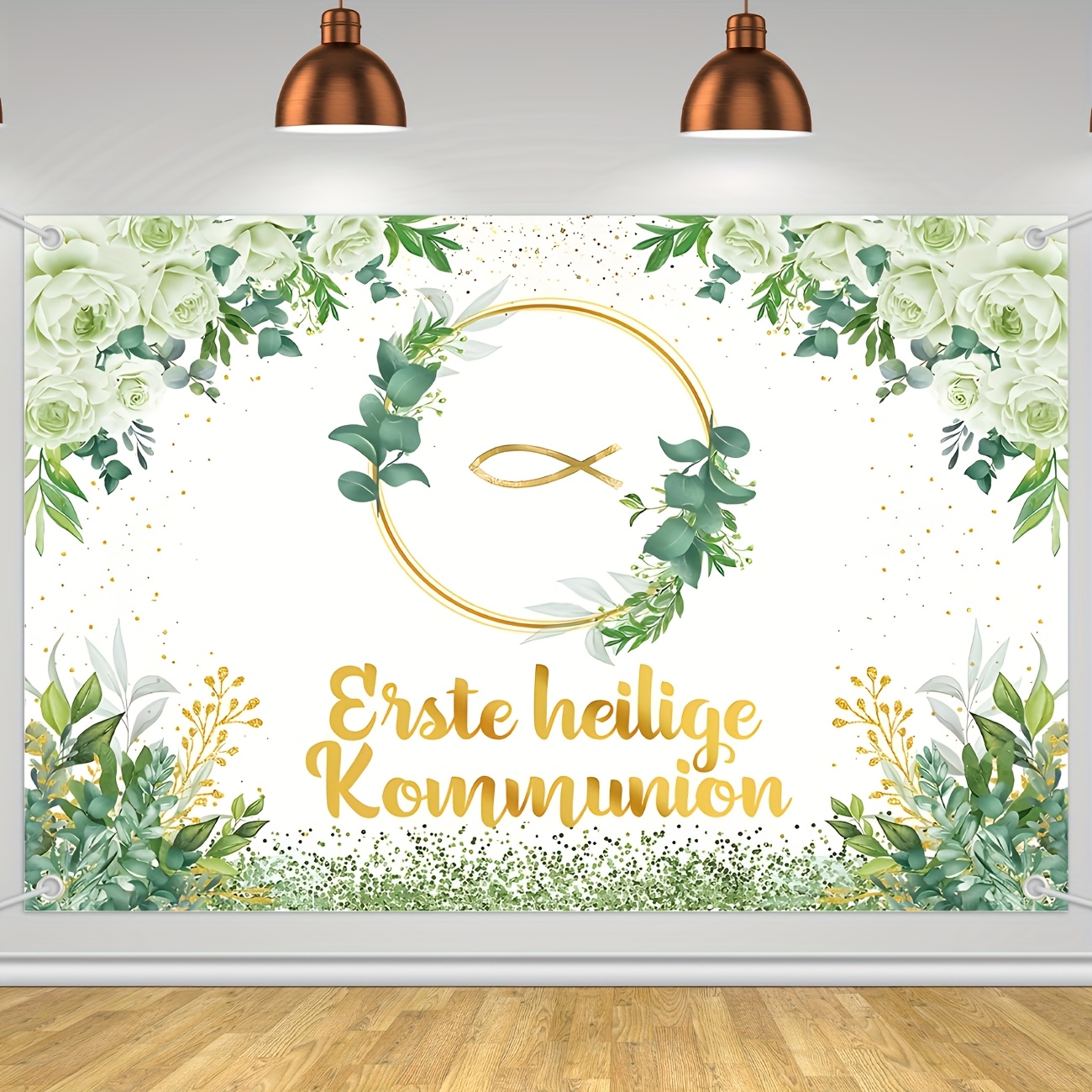 Image of Mulkul First Holy Communion Banner Compatible For - Green Religious Vinyl Baptism & Communion Decor With God's - Church Party Decoration For Kids' First Eucharist Photo Props
