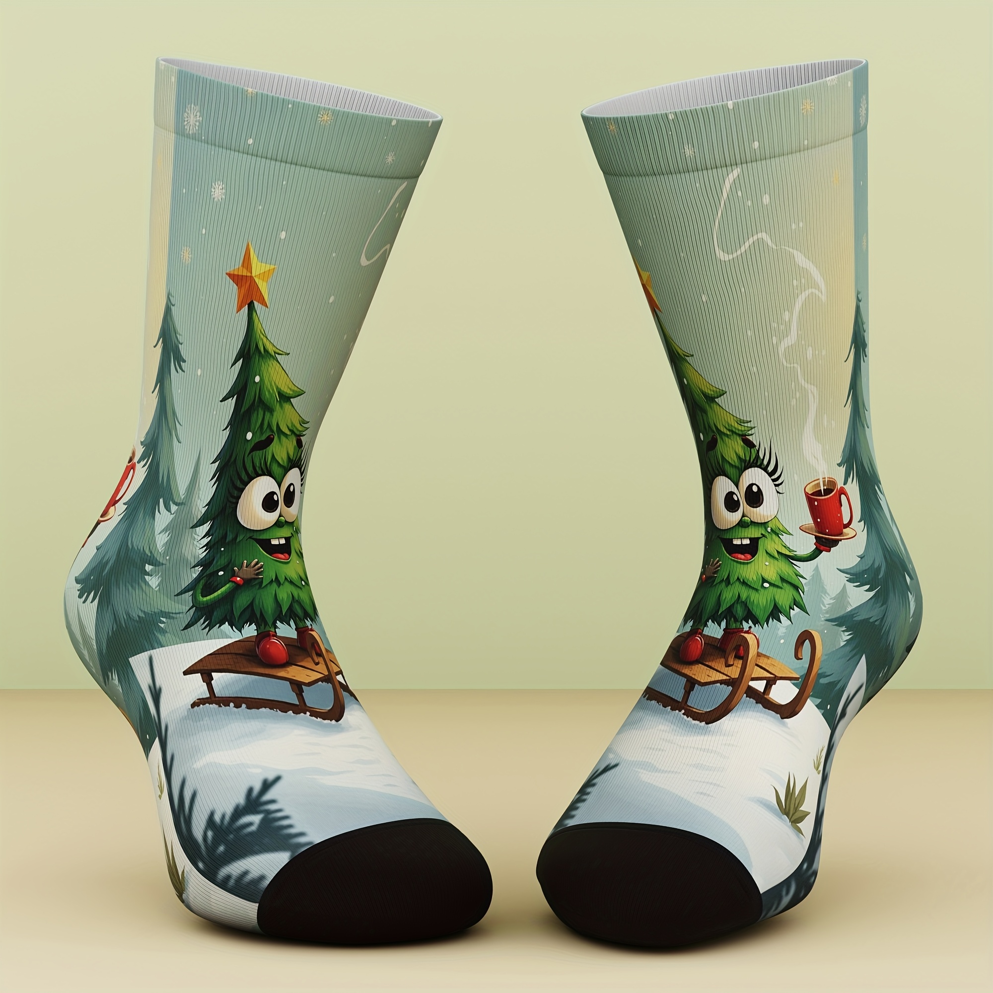 TEMU 1 Pair Men' & Unisex Christmas Themed Socks With Reindeer, Bells & Snowflake Patterns - Funny Novelty Holiday Gifts Suitable For Christmas