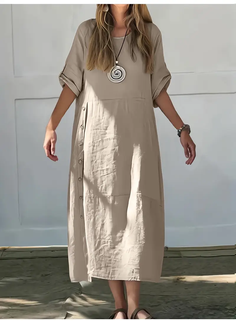 γυναικείο καθημερινό φόρεμα α-γραμμής με κουμπιά και σπασίματα στο πλάι - ζωηρό κίτρινο, χαλαρή εφαρμογή με στρογγυλή λαιμόκοψη για άνοιξη/καλοκαίρι, κομψό ρούχο που πλένεται στο πλυντήριο, κλασική σιλουέτα, αναπνεύσιμο υλικό, χαλαρός στυλ Στοιχεία είδους 3