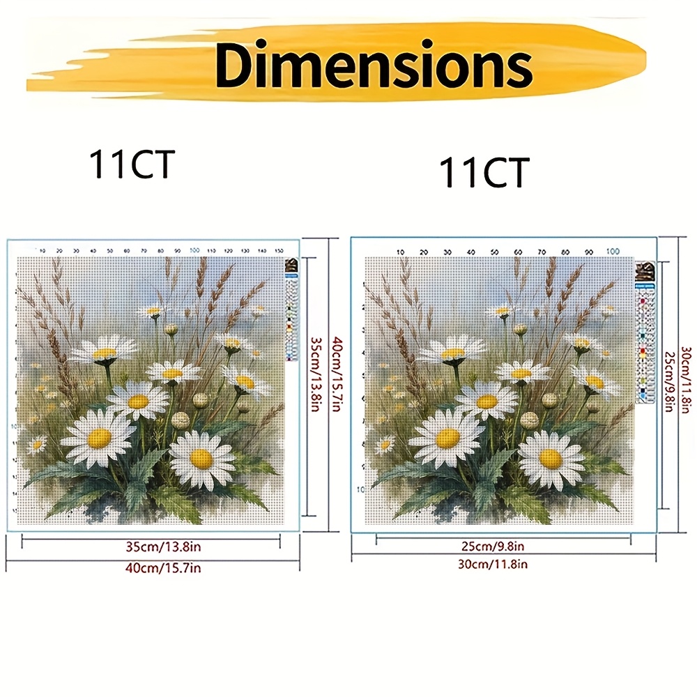 11CT Frameless Cross Stitch Kit, Watercolor Daisies & Grasses
