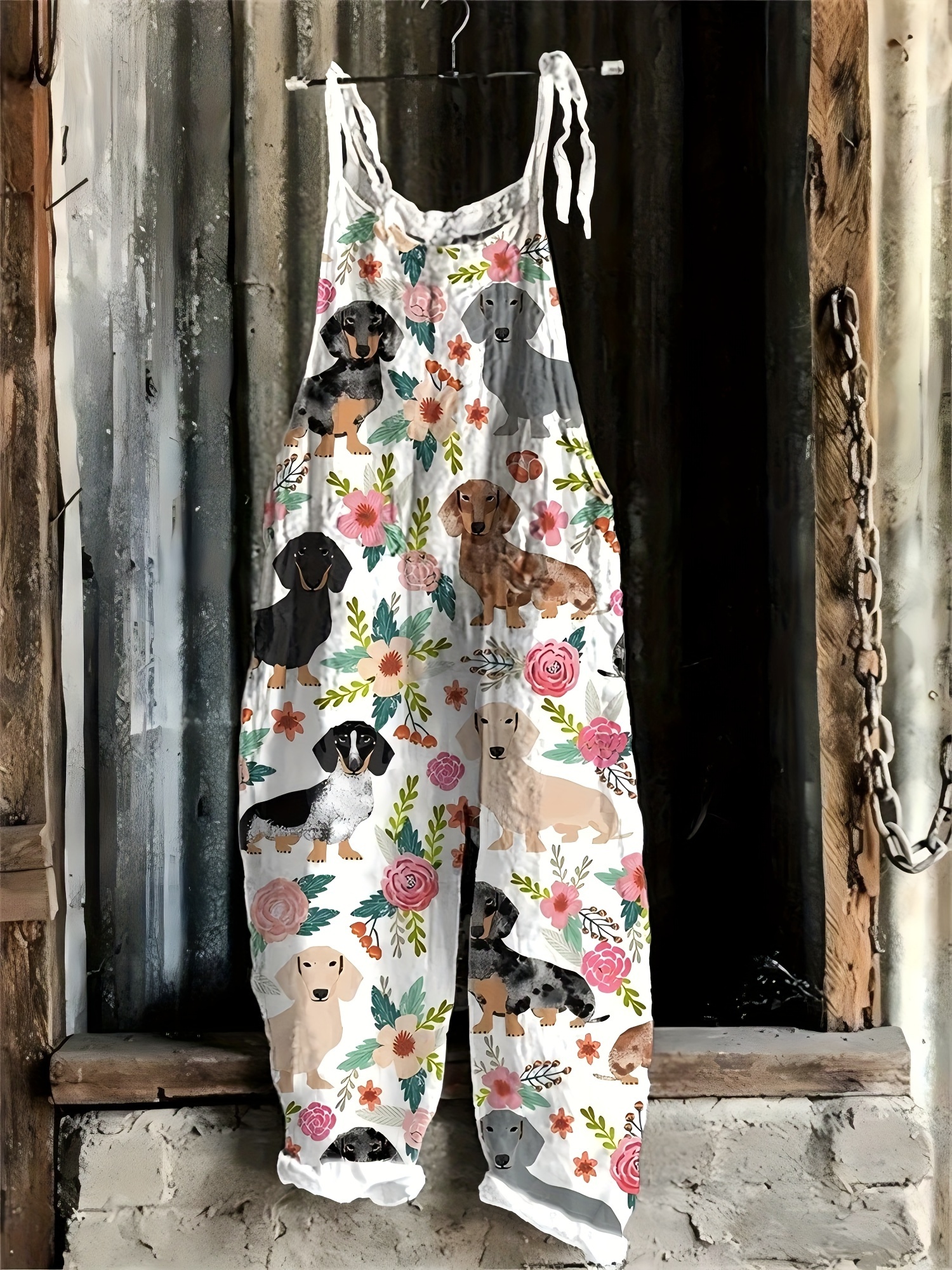 women's casual floral dachshund print jumpsuit tie straps