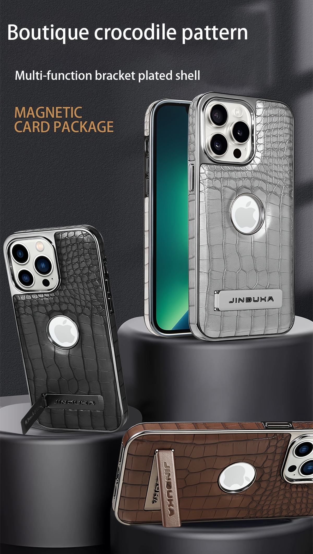 logo view case for iphone 16 15 14 13 12 pro max kickstand   leather magnetic wireless charging electroplated frame vegan   classic luxury elegant thin shockproof full protection cover Product details 0