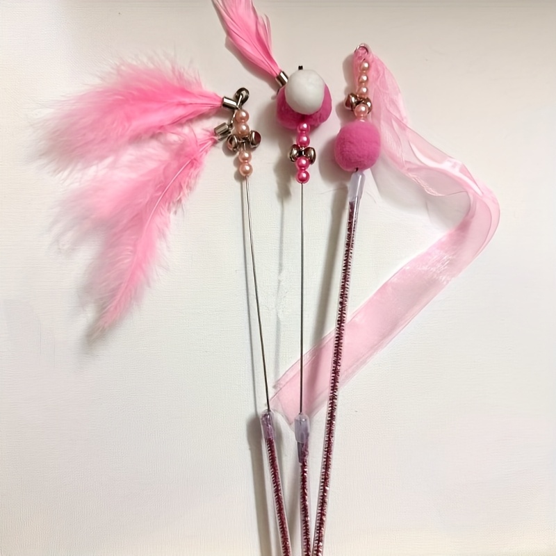 TEMU Fairy Cat Teaser Wand 3pcs Set, Featuring A Ball, Plush, And Polyester Ribbon With A Bell, Stimulates Cats' For Chasing And Pouncing. It Allows