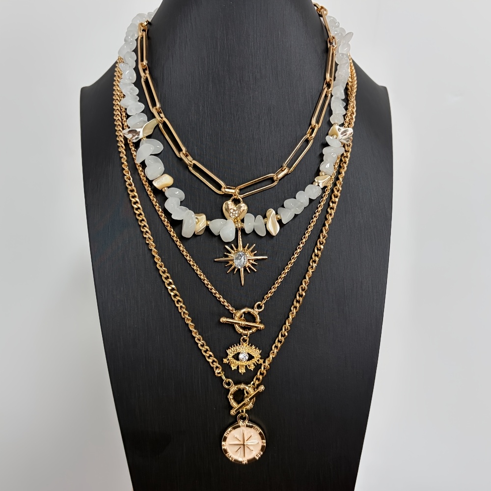 TEMU 4pcs Bohemian Style Golden Women's Necklace Set, Mosaic Bead, Safety Pin Chain, Love Heart Collection, Star Ray, Evil Eye, Octagon Round Plate