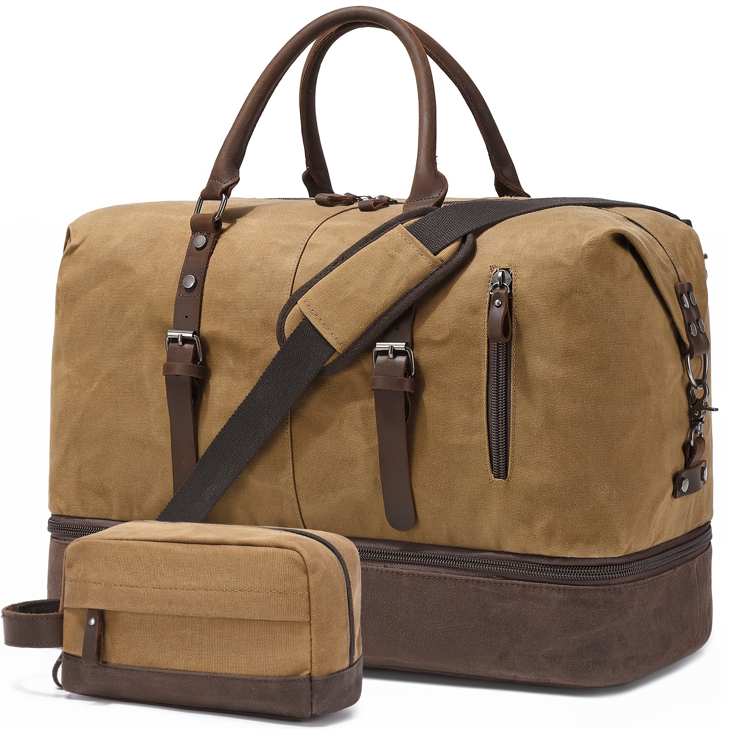 Image of Large-capacity Travel Bag Made Of Oil Wax Canvas, Large Travel Bag, Deerskin Overnight Travel Bag, Women's Portable Bag With Shoe Compartment, Men's Travel Bag