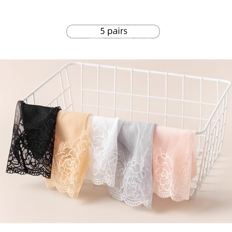 TEMU Lot de 5 paires de chaussettes à la cheville en dentelle rose pour femme, pour les tenues de style délicat | respirante + bordure en dentelle ,
