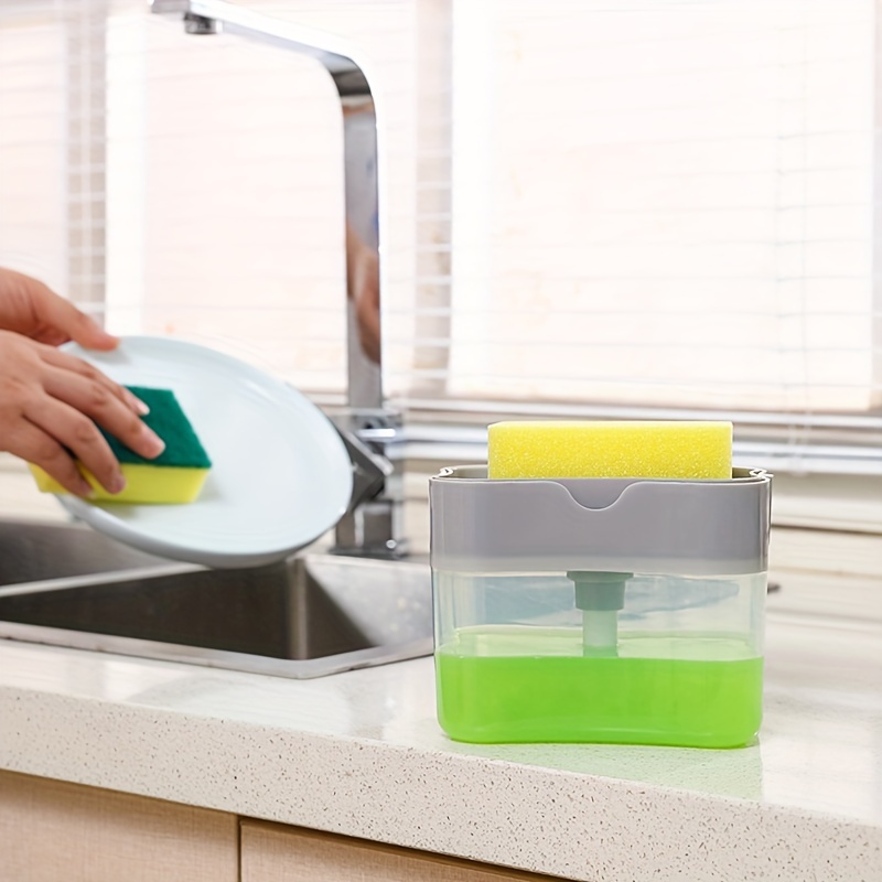 

1 Set Plastic Soap Sponge Holder & Sponge, Space-saving Kitchen Sink Dishwashing Organizer, Convenient Hand Soap Pump, Easy-to-refill Design For Home Cleaning