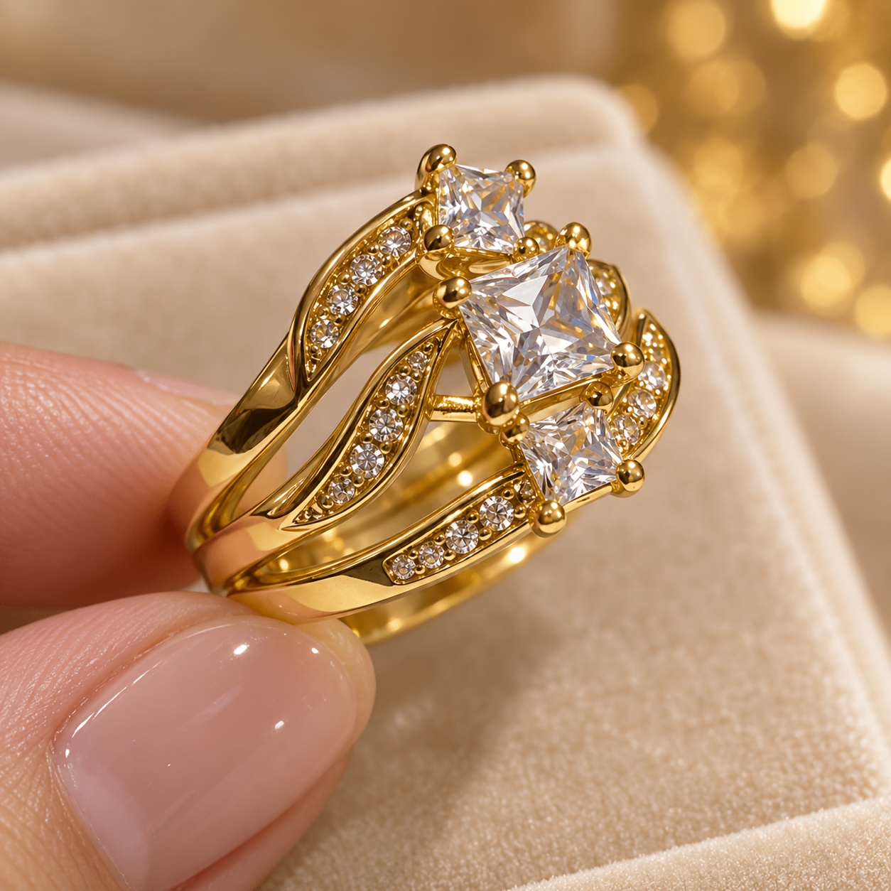 TEMU Ensemble de 3 pièces : Bague de luxe pour femme à quatre griffes carrées en synthétique pour mariages, banquets, accessoires de bijoux haut de