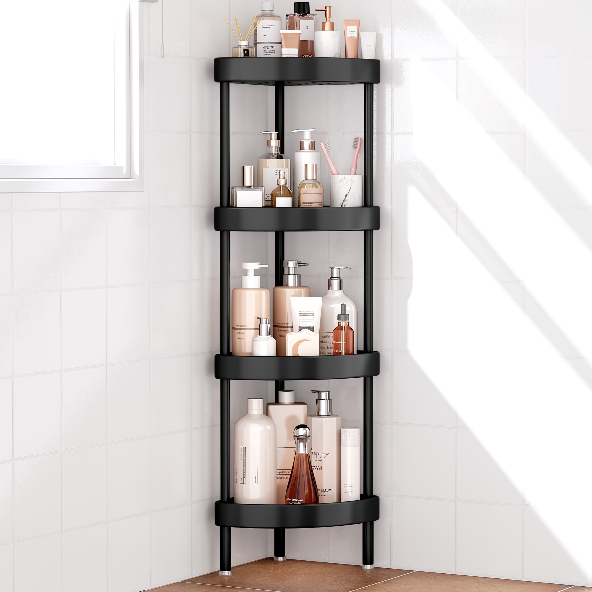Image of Corner Shower Shelf - 4-tier Tension Pole Shower Caddy - Dual Stabilizing Anti-wobble - Adjustable Height Tension Rod Fits Uneven Floors Bathroom Organizer For Shampoo Storage, Shelves