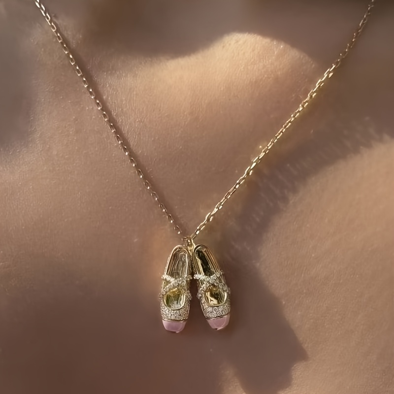 TEMU 2d Flat, Women's Elegant Ballet Flat Shoe Necklace - Miniature Ballerina Pendant With Ankle Strap Design, Delicate Chain For Everyday & Party