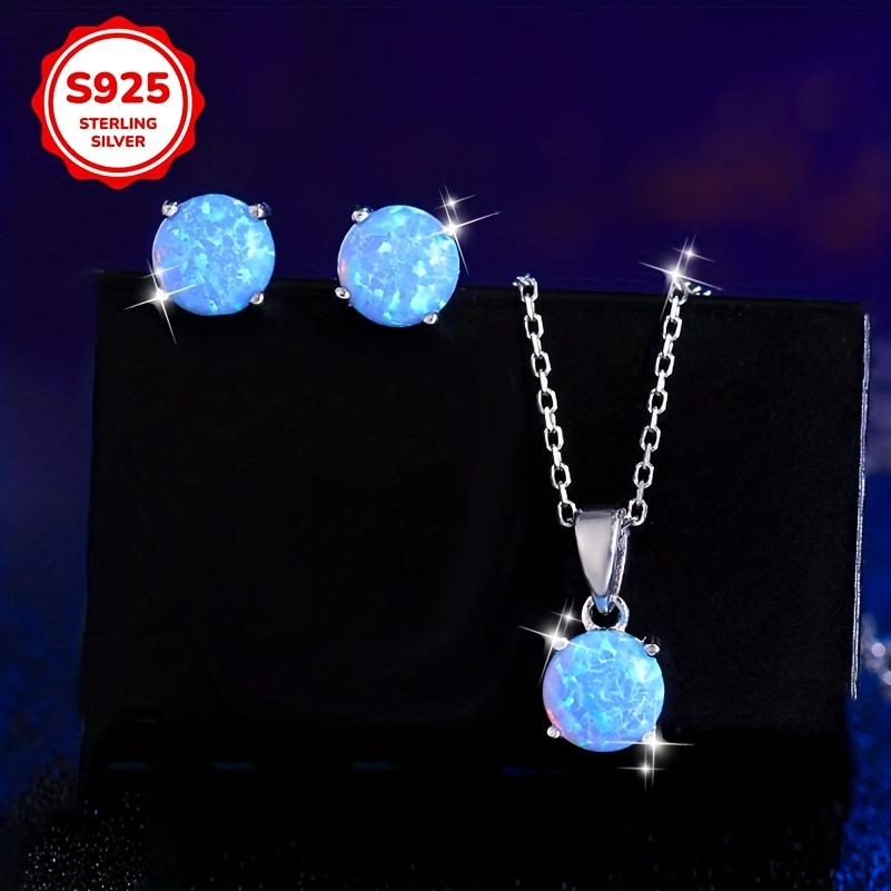 Image of An Elegant And Sexy S925 Silvery Two-piece Set Featuring A Necklace And Earrings With A 6mm Round Synthetic Opal Pendant - A Easy And Stylish Accessory For Women, Perfect For Weddings, Parties