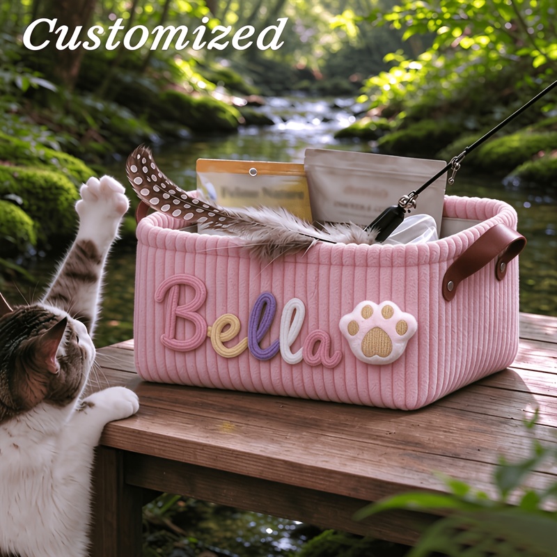 TEMU Self- Name Pet Storage Basket, Corduroy Pet Toy Storage Bin, Cat And Dog Snack And Sundries Organizer, Large-capacity Household Pet Supplies