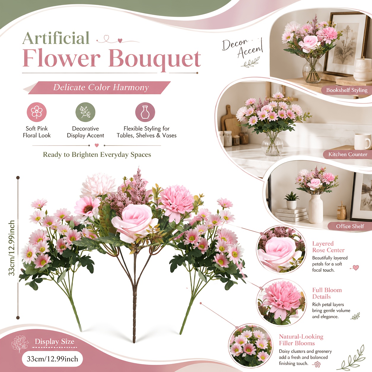 TEMU Lot de 3 bouquets de fleurs artificielles mélangées roses + artificielles de marguerites roses, arrangement floral combinant roses et