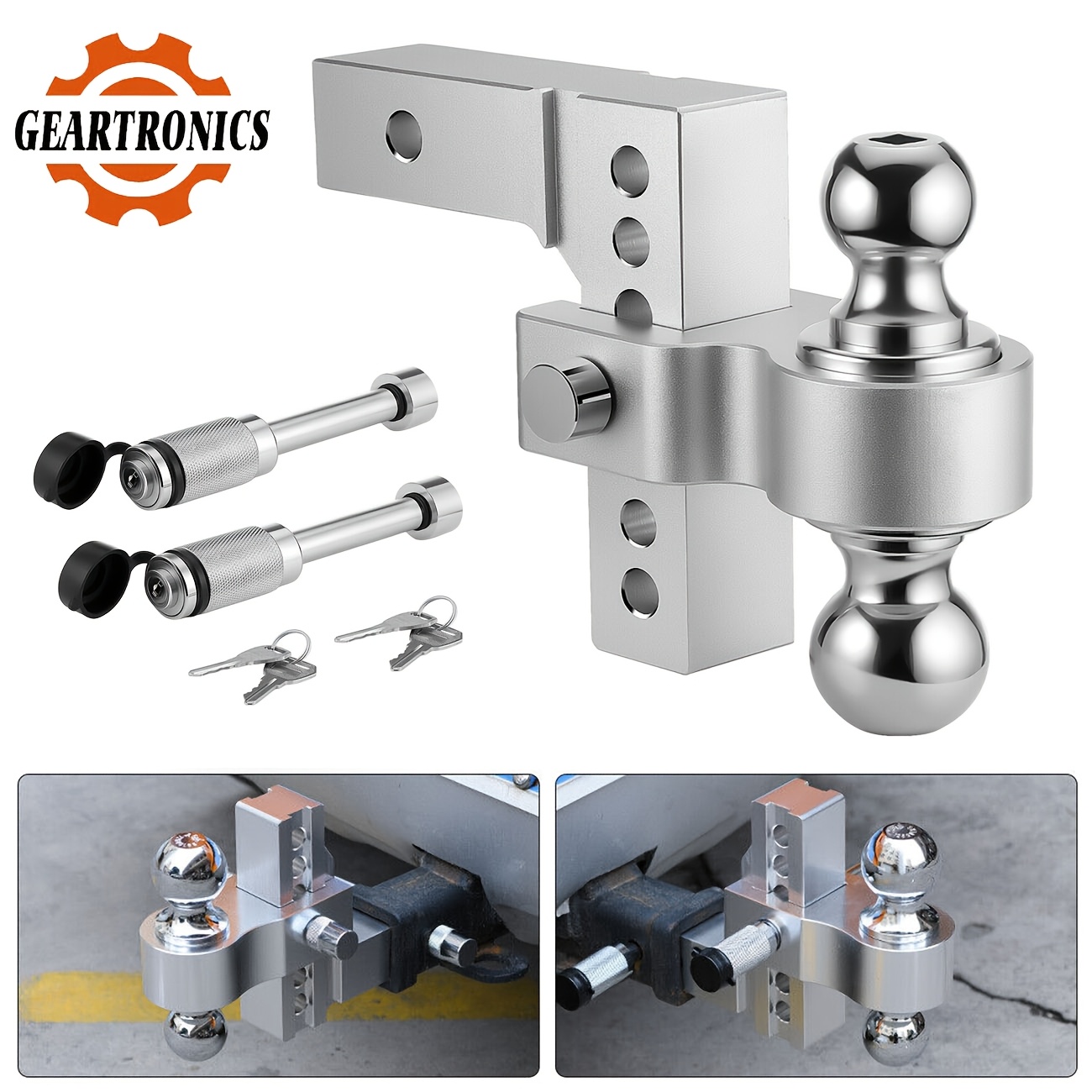 TEMU Geartronics Universal Adjustable Trailer Hitch Towing Ball Mounts, Fits 2-inch Receiver, 6" Drop/ Rise Drop, Dual Ball, 18500lbs With Trailer Locks,
