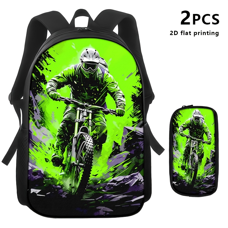 TEMU 1pc/2pcs/3pcs Backpack, Shoulder Bag, Pouch With Mountain Biker 2d Print; Ideal For Urban , , And Daily Use; , Edgy Design., 2d Flat