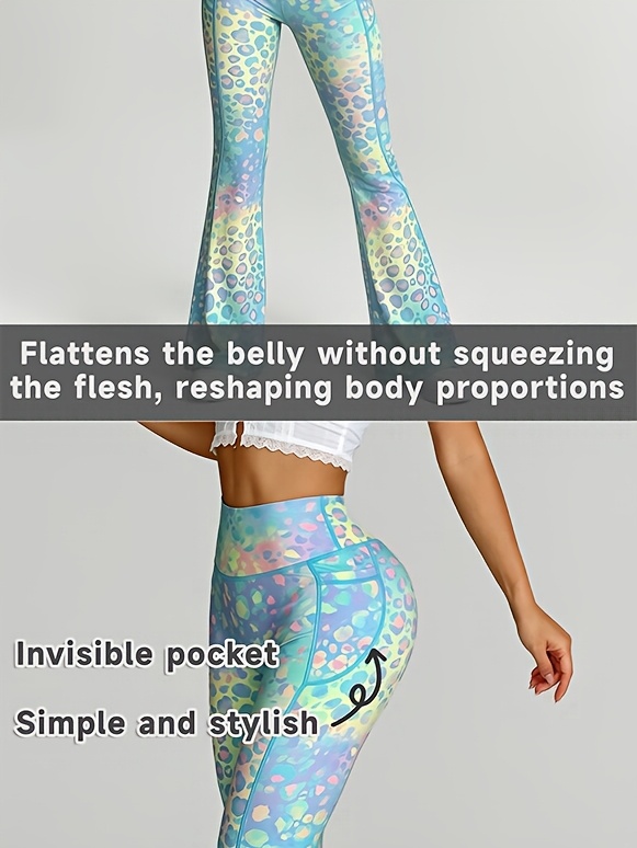 Leggings de yoga de tiro alto para mujer con control de abdomen y efecto levantacola, tipo campana y pierna estrecha - Estampado de leopardo degradado, suaves y elásticos para entrenamiento, adecuados para gimnasio, correr, atuendo casual, pantalones tipo campana no transparentes con bolsillos para
