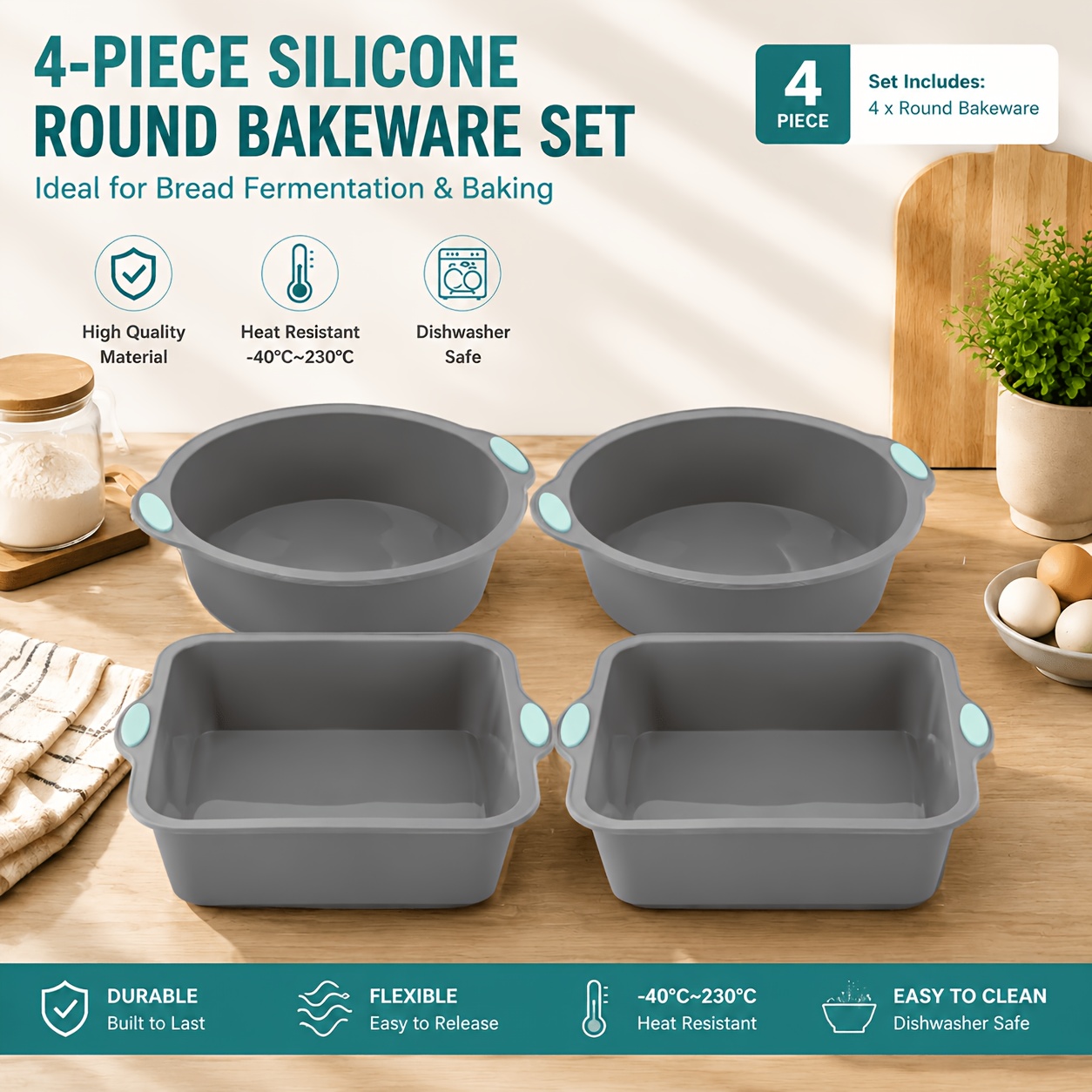 TEMU Juego de 4 moldes de silicona para hornear, bandejas redondas y cuadradas con , moldes antiadherentes para pasteles y pan, para hornos y
