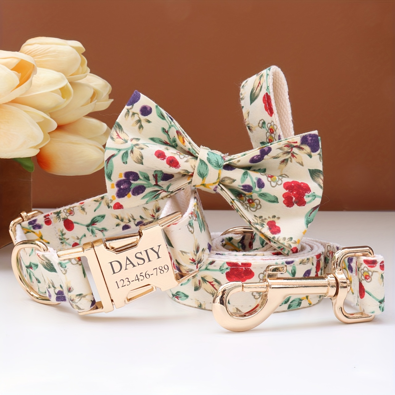 TEMU Custom Collar Leash Set With Bow, Flowers, Personalized Id Name & Contact , Anti-lost Design, Free Engraving, Suitable For Small To Large Dogs