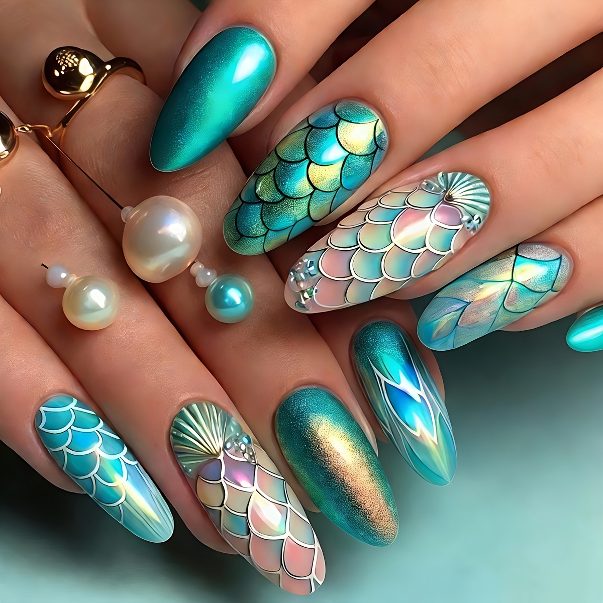 TEMU Mid-length Teal Glossy 24pcs Press-on Nails Removable Nail Patches Sparkly Fish Scale Wearable Nails Reusable Nail Patches