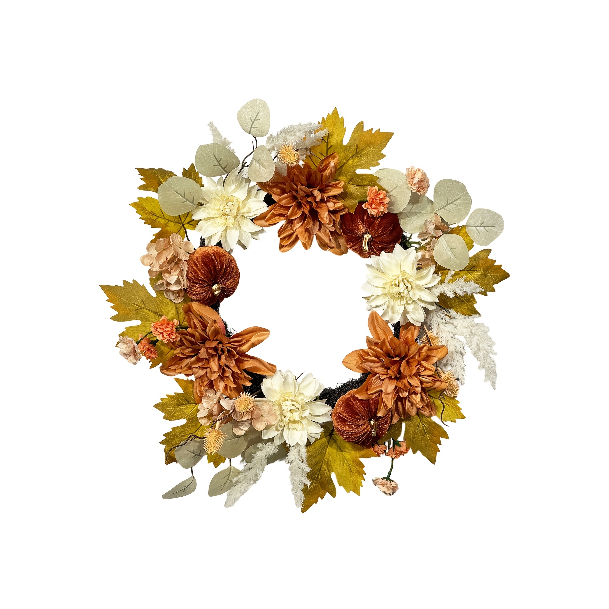 TEMU 1pc Couronne de citrouille en tissu d'automne avec fleurs artificielles, feuilles d'érable et eucalyptus, décoration de porte et murale pour