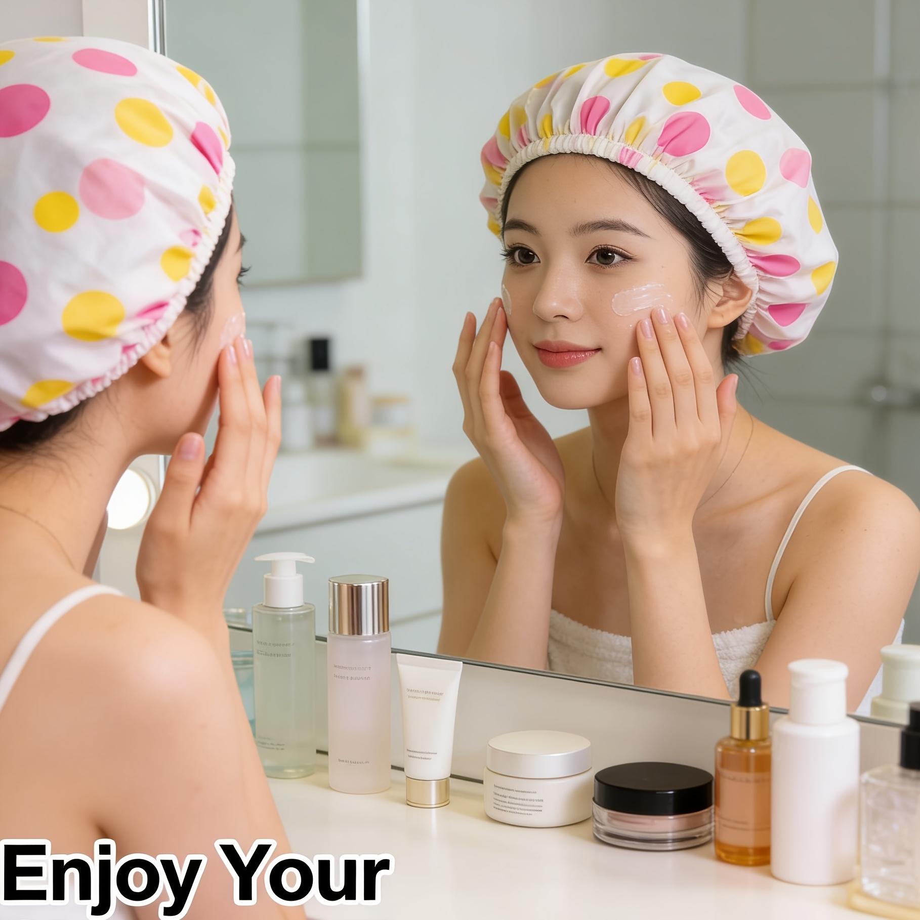 TEMU Cute Polka Dot Bath Cap, Essential For Home And Travel. , Tightly Encloses Hair During Showers And Baths To Prevent . Elastic Closure Does Not