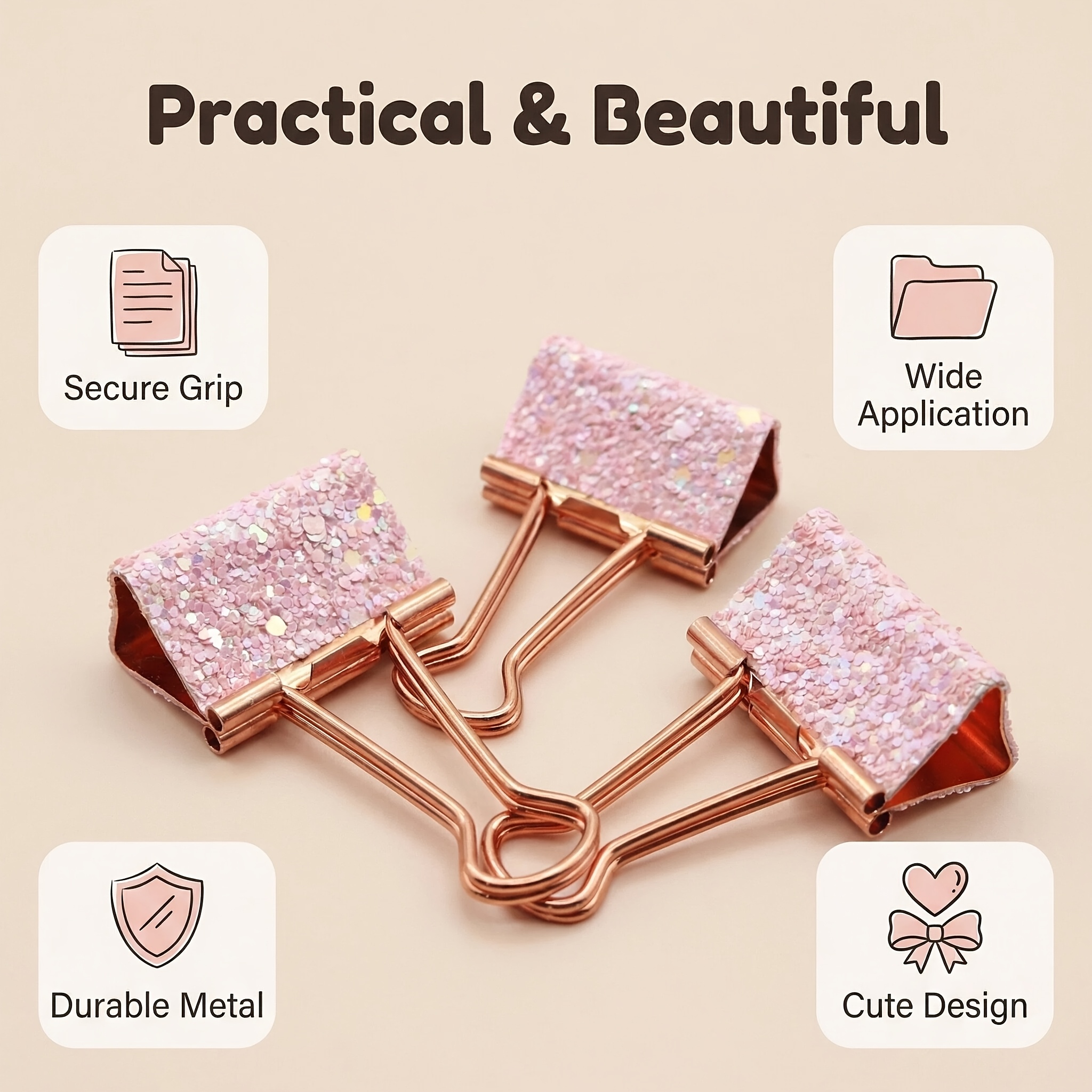 TEMU 3pcs Clips, Rose Golden Metal Document Clips, Stylish Office Stationery For Journaling, Diy Decorations, Student File Organization, High-quality