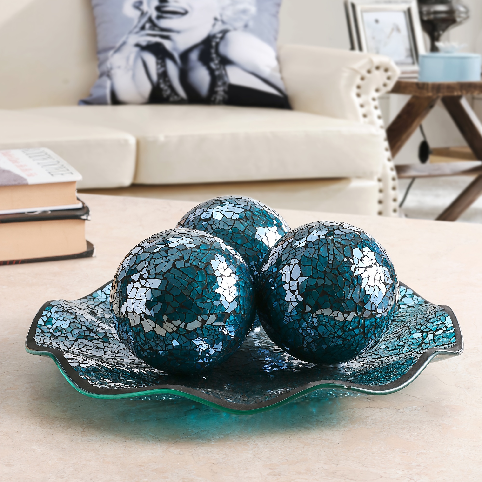 

4pcs/set, 11.5" Glass Mosaic Decorative Tray Dish Plate Centerpiece Bowl With 3pcs 3.75" Mosaic Decorative Balls