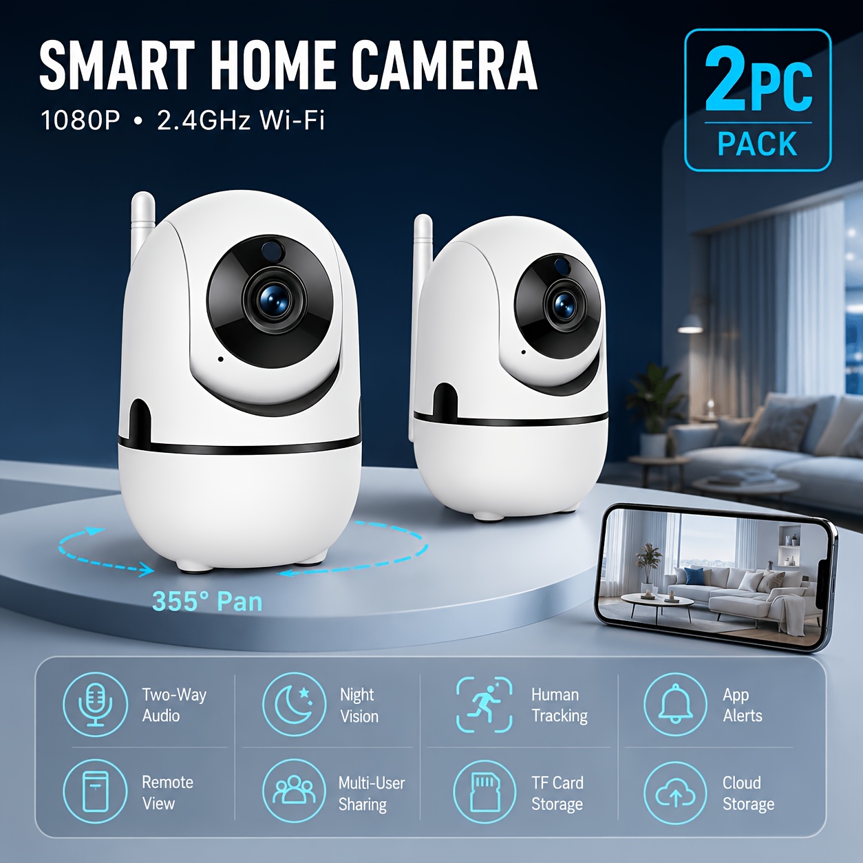 TEMU HD Innen-WiFi-PTZ-Überwachungskamera 2er-Pack, 2,4-G-WLAN, 355-Grad--/Neige-Funktion, automatische Personenverfolgung, Zwei-Wege-Audio,