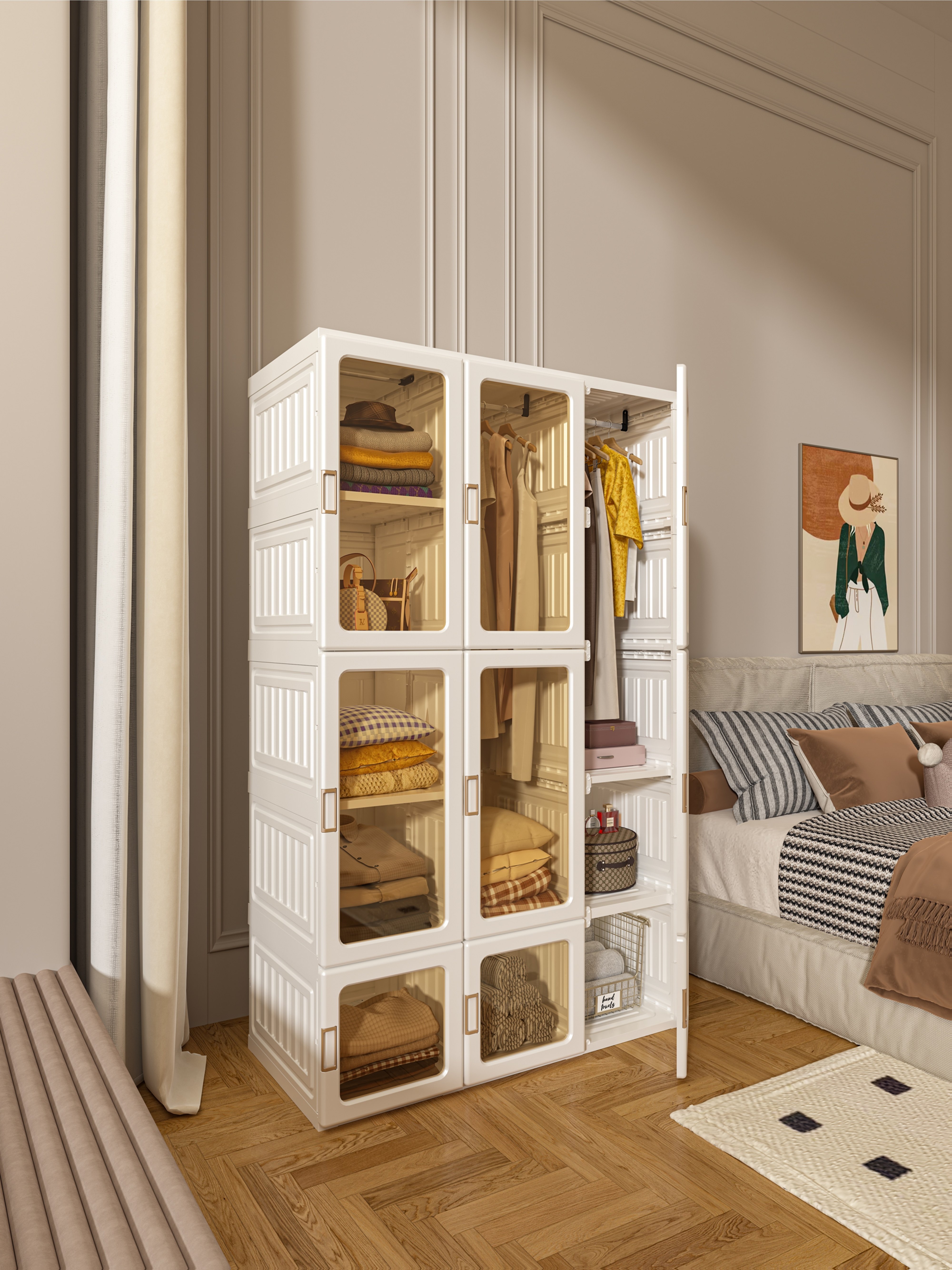 Magnetic Transparent Door Portable Wardrobe, with A Sturdy, Foldable Frame And Easy Assembly. Features 2 Or 3 Hanging Rods for Clothing Storage, Suitable for Bedrooms, Living Rooms, Dormitories, And Apartments.