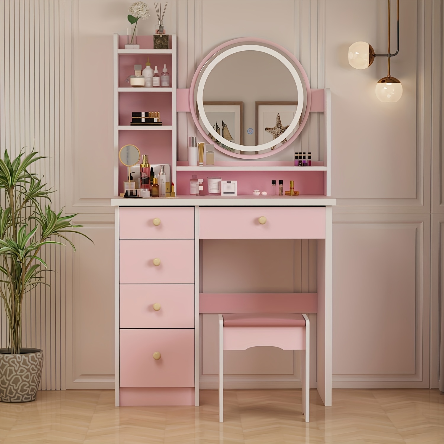 TEMU Modern Dressing Table With Makeup Mirror, Shelves And Stool, Dressing Table With 5 Drawers And With 3-color Lighting, Bedroom Dresing Table